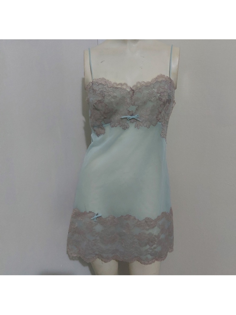 Saks Fifth Avenue Mint Blue Satin Chemise with Beige Lace